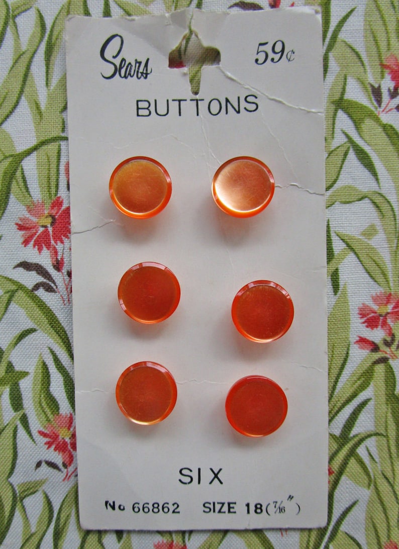 Sears brand 716 on Original Card 6 Vintage Orange Plastic Shank Buttons
