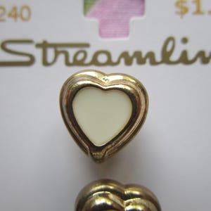 4 Vintage Streamline Gold Metal and White Enamel Shank Buttons, 7/16&quot; (11mm) Heart
