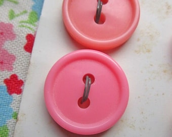 6 Vintage Lansing Hot Pink Plastic Buttons, 9/16" (14mm) Two-Hole Sew-Through