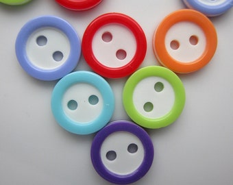 60 White Plastic Buttons with Colored Rims, 7/16" (11mm), Mixed Lot