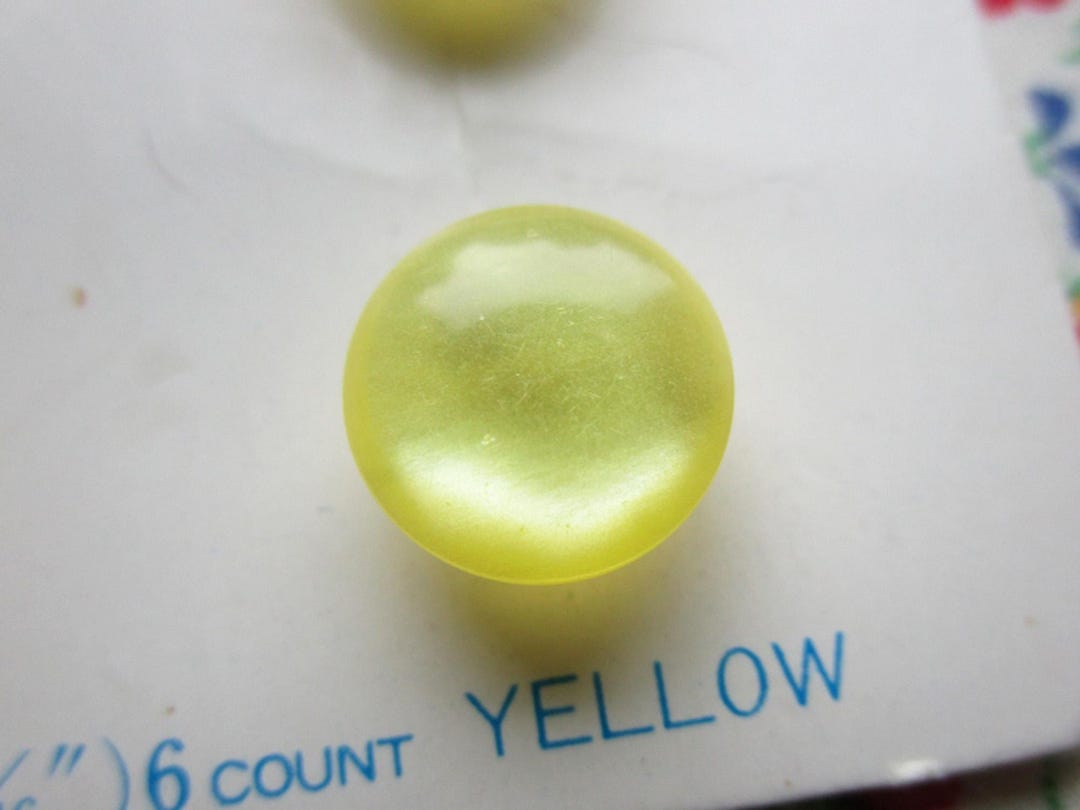 6 Vintage Le Bouton Lemon Yellow Plastic Shank Buttons, 7/16