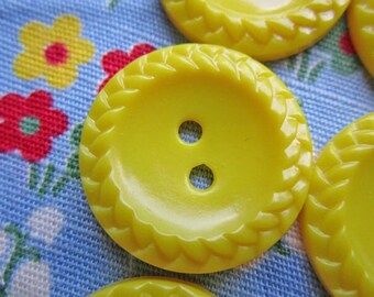 9 Vintage Bright Yellow Plastic Buttons with Braided Rim, 3/4" (19mm)  Two-hole Sew-through