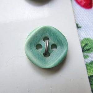 6 Vintage La Mode Green Plastic Buttons, 7/16&quot; (11mm), Four-hole Sew-through