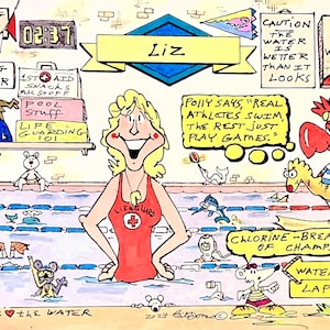 Puede incluir: Una ilustración de dibujos animados de un socorrista en una piscina. El socorrista es una mujer con cabello rubio y lleva una camiseta roja de socorrista con una cruz blanca. La piscina es azul y tiene carriles. Hay otros personajes de dibujos animados en la piscina, incluyendo un gallo, un ratón y un delfín. El texto "Liz" está escrito en una pancarta amarilla sobre el socorrista. Hay carteles alrededor de la piscina que dicen "La natación es mi terapia", "La natación es mi superpoder", "Precaución, el agua está más mojada de lo que parece", "Vueltas esta semana", "Artículos de piscina", "Socorrismo 101", "Polly dice: "Los verdaderos atletas nadan, los demás solo juegan.", "Cloro - Desayuno de campeones", "Tobogán de agua", y "Carriles".