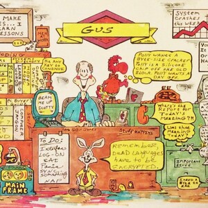 May include: A colorful cartoon illustration featuring a man, a rabbit, and a red bird in a computer-themed office setting. The image includes various text bubbles and signs with humorous computer-related phrases and a to-do list.