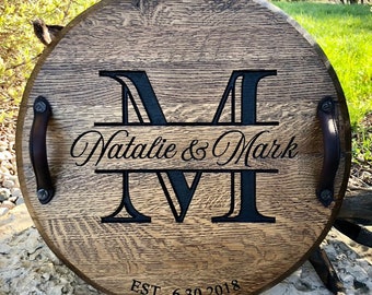 Split Letter Monogram Bourbon Whiskey Barrel Lid Tray