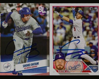Juego de tarjetas coleccionables firmadas por Shohei Ohtani y Gavin Lux, Dodgers