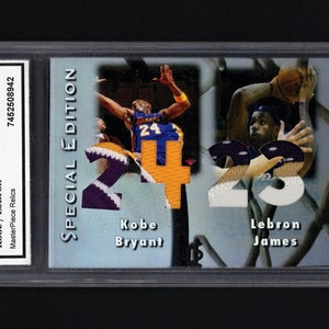 2002-2007 MasterPiece Relics Kobe Bryant/Lebron James dual game-used jersey patch card w/COA Lakers/Cavaliers Nice!