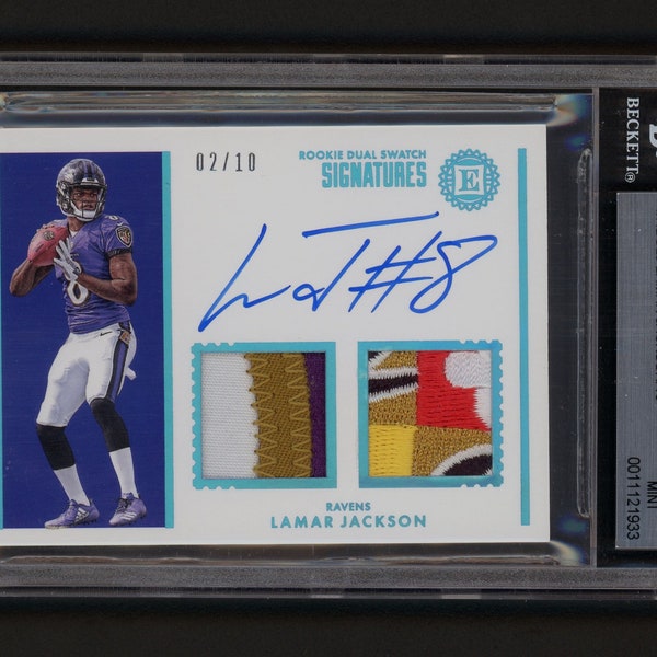 2018 Panini Encased Lamar Jackson rookie autograph jersey patch card #2/10 Ravens BGS Graded 9 Mint/Auto 10