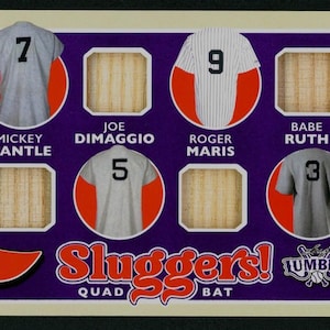 May include: A baseball card featuring four baseball jerseys with player names and numbers. The card has a purple background with the words "Sluggers! Quad Bat" in red and white. The card also has the Lumber logo.
