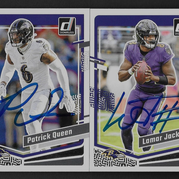 Lamar Jackson & Patrick Queen autograph signed 2023 Panini trading cards Ravens