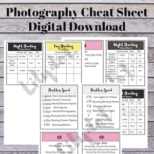 May include: A digital photography cheat sheet, offering settings for night and day shooting, including shutter speed, aperture, and ISO. The guide provides settings for various scenarios, such as sports, sunsets, and low-light situations. The sheet also includes ISO settings.