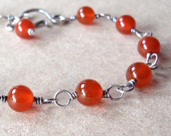 Carnelian Bracelet, Handcrafted with Eco-Recycled 925 Sterling Silver, Warm Orange-Red Gemstones, Energising Crystal Gift for Her