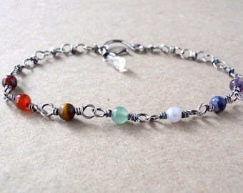 Delicate Chakra Bracelet, Handcrafted with Oxidised Eco-Recycled Sterling Silver, Dainty 4mm Round Chakra Crystals, Rainbow Gemstone Magick