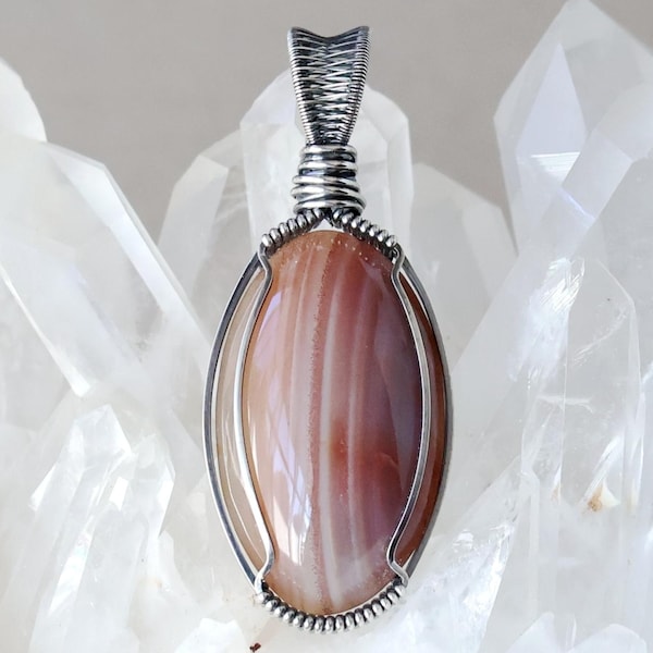Agate Pendant, Handcrafted with Ethical Sterling Silver, Hand-cut Natural Australian Stone, Earthy Striped Orange Agate, Grounding Talisman