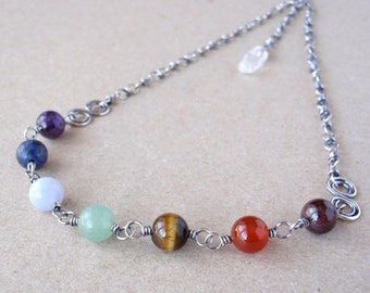 Chakra Necklace, Handcrafted with Oxidised 925 Sterling Silver, Rainbow Gemstones, Spiral Links, Balance and Harmony, Special Gift