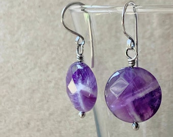 Chevron Amethyst Earrings, Natural Purple and White Faceted Gemstones, Handcrafted with Eco-Recycled 925 Sterling Silver, Unique Patterns