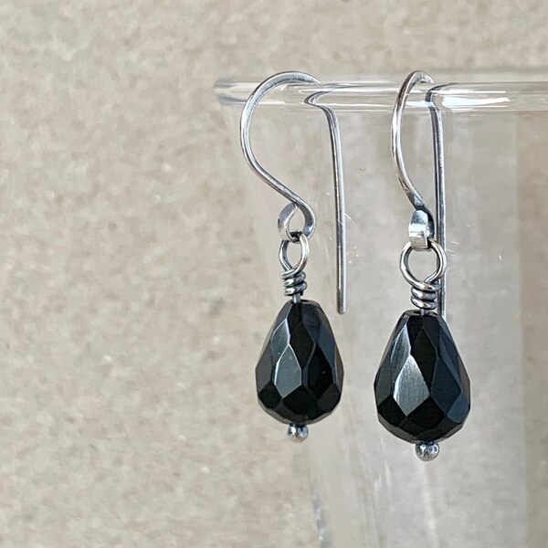 Black Obsidian Earrings, Natural Faceted Gemstone Teardrops, Noir, Gothic, Victorian Style, Handcrafted with Recycled 925 Sterling Silver