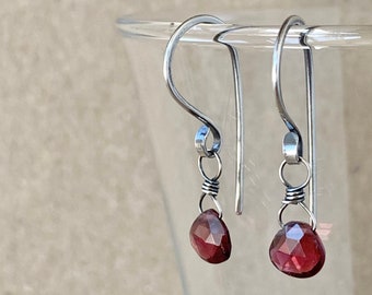 Garnet Earrings, Handmade with Oxidised 925 Sterling Silver, Petite Dark Blood Red Faceted Pear Gemstones, Victorian Inspired, Artisan Gift