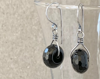 Black Agate Earrings, Faceted Gemstone Drops on Handcrafted Eco-Recycled 925 Sterling Silver Hooks, Classic Style, Timeless Gift for Her