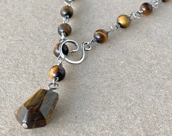 Tiger Eye Necklace, 6mm Round Natural Golden Brown Gemstones, Handcrafted with Recycled 925 Sterling Silver, Sun and Earth Energy Crystal