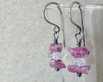 Raw Pink Tourmaline and Crystal Quartz Earrings, Organic Stacked Gemstones on Handcrafted Recycled 925 Sterling Silver Hooks, Perfect Gift