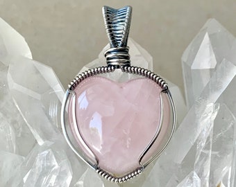 Rose Quartz Heart Pendant, Handmade with Recycled 925 Sterling Silver, Talisman of Unconditional Love, Pink Heart Chakra Amulet, Valentines