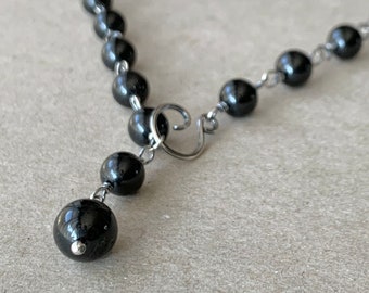 Black Tourmaline Necklace, 8mm Round Jet-Black Gemstones, Handcrafted with Eco-Recycled 925 Sterling Silver, Monochrome, Gothic, Protection