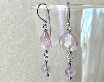 Ametrine Earrings, Combination Crystal of Amethyst and Citrine, Delicate Purple and Gold Gemstones with Recycled 925 Sterling Silver Hooks