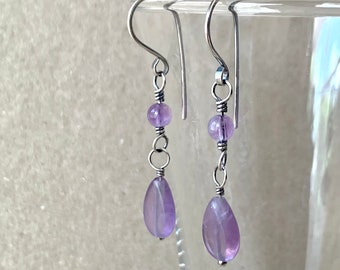 Amethyst Earrings, Natural Purple Gemstones with Eco-Recycled 925 Sterling Silver Hooks, February Birthstone, Perfect Crystal Gift