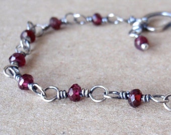 Garnet Bracelet, Handcrafted with Eco-Recycled 925 Sterling Silver, Dark Blood-Red Faceted Gemstones, January Birthstone, Crystal Gift