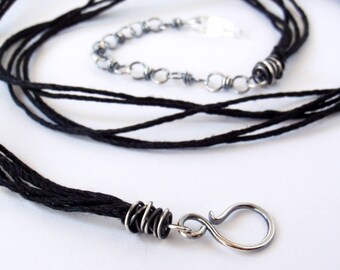 60cm Black Hemp Necklace ~ 24 inches ~ Handcrafted with Eco-Friendly Recycled Sterling Silver ~ Extension Chain with Clear Quartz Drop