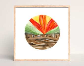 May include: Watercolor painting of a stylized bird of paradise flower in a circular design. The flower features vibrant red and yellow petals, set against green foliage and a brown, woven-like base, all within a light wood frame.