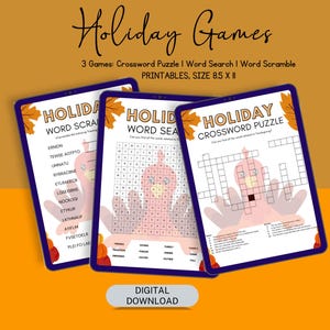 May include: Three printable holiday games: a crossword puzzle, word search, and word scramble. Each game features a turkey graphic and fall leaf accents. The games are displayed on a dark blue background with an orange background.