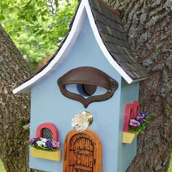 Handmade birdhouse, storybook perfect, curved real slate roof, Cottage style. Cedar, Can hang on flat surface or sit on pole, garden decor