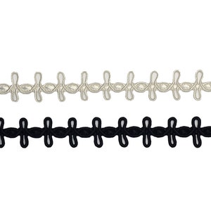 May include: Two rows of decorative trim, one in black and one in white. The trim is made of a woven fabric and has a repeating pattern of loops.