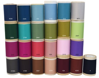 May include: A collection of 18 spools of thread in various colors, including blue, green, pink, purple, red, brown, and black. Each spool is labeled with a number.