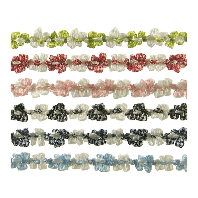 May include: A collection of seven different colored ruffled trim with a white gingham pattern. The trim is arranged in rows, with each row featuring a different color: green, red, pink, black, navy blue, light blue, and white.