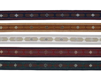 May include: Five different patterned ribbon trims with a diamond design. The ribbons are in shades of brown, red, green, white, and blue.