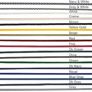 May include: A chart showing 16 different colors of cord, with the color name written next to each sample. The colors include navy and white, gray and white, white, creme, brown, yellow gold, beige, red, pink, dark green, olive, green, dark navy, royal, blue gray, dark gray, and gray.