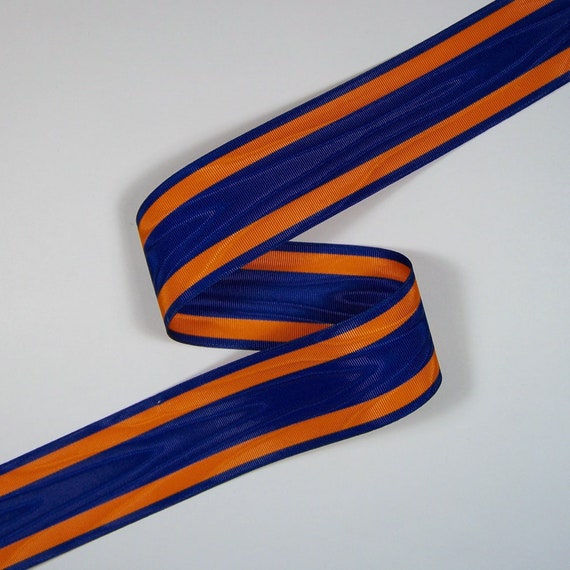 BTY 1 yard 1 3//8/" orange blue moire vtg striped rayon grosgrain ribbon millinery