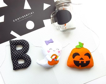 BOO Halloween Garland Pattern; Halloween Felt Garland Pattern; DIY Halloween Felt Garland; Ghost + Pumpkin Ornaments; Halloween Ornaments