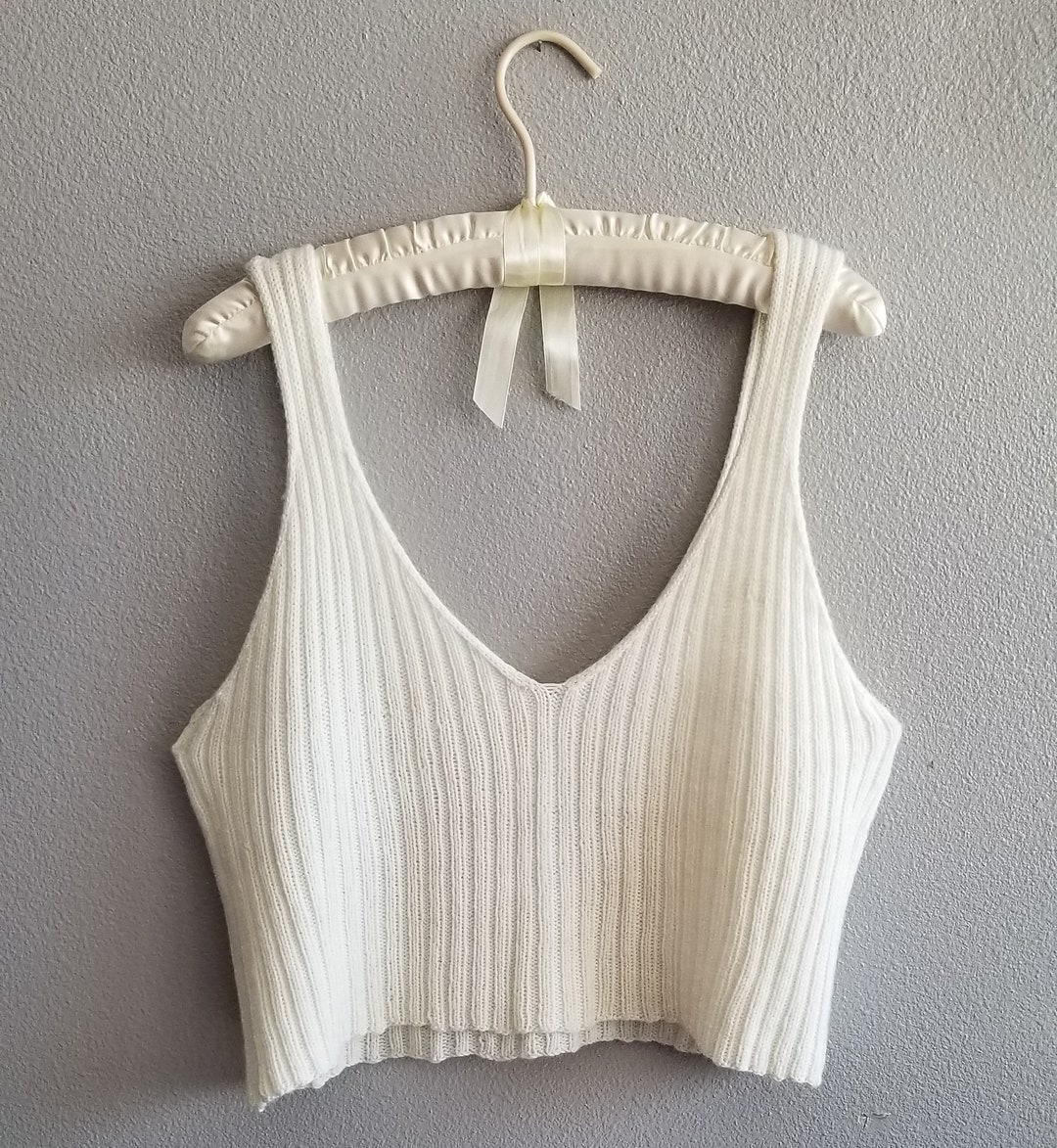 V Neck Ribbed Knit Crop Top - White / M - AnotherChill