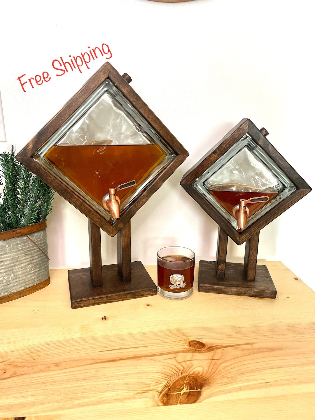 Whiskey Bourbon Decanter, Glass Block Design, Drink Dispenser, Spigots