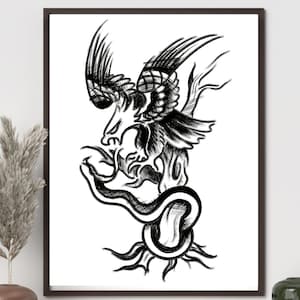 Minimalist Eagle Snake Tattoo Art Print | Bold Linework Animal Battle Digital Download | Black Ink Wall Art