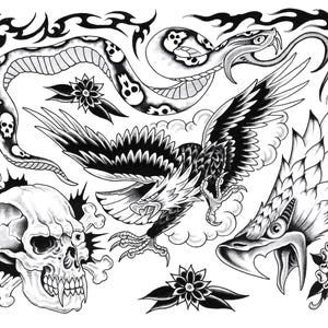 Traditional Tattoo Flash Bundle Eagle Snake Skull Rose Art | Bold Old School Printable | Digital Download