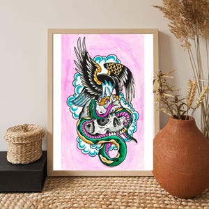 Eagle Snake Skull Tattoo Flash Digital Download – Traditional Bold Line Art, Printable Tattoo Flash Sheet, Instant Wall Decor
