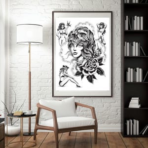 Pinup Girl Tattoo Flash Sheet | Digital Download | Traditional Black and Grey Rose & Skull Art | Vintage Pin Up Wall Print | Tattoo Decor