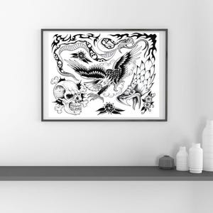 Traditional Eagle Snake Skull Tattoo Flash | Bold Black Ink Old School Art | Digital Download Printable