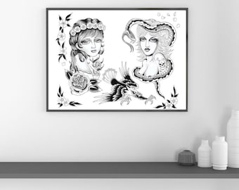 Traditional Tattoo Flash Girls Snake Rose Eagle Skull Art | Bold Black Ink Printable | Digital Download